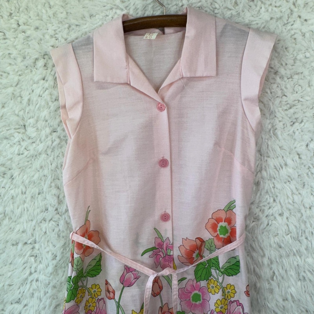 Beco Originals VTG Dress Womens M Pink Floral Button Front Retro 70s Sleeveless - Picture 8 of 14